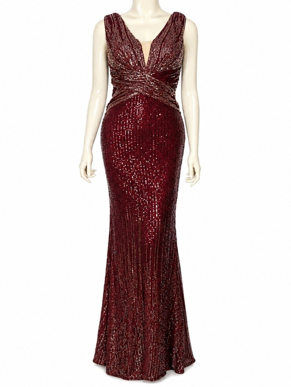 Burgundy Sequin Formal Evening Dress V Neck Sleeveless Maxi Gown Size L
